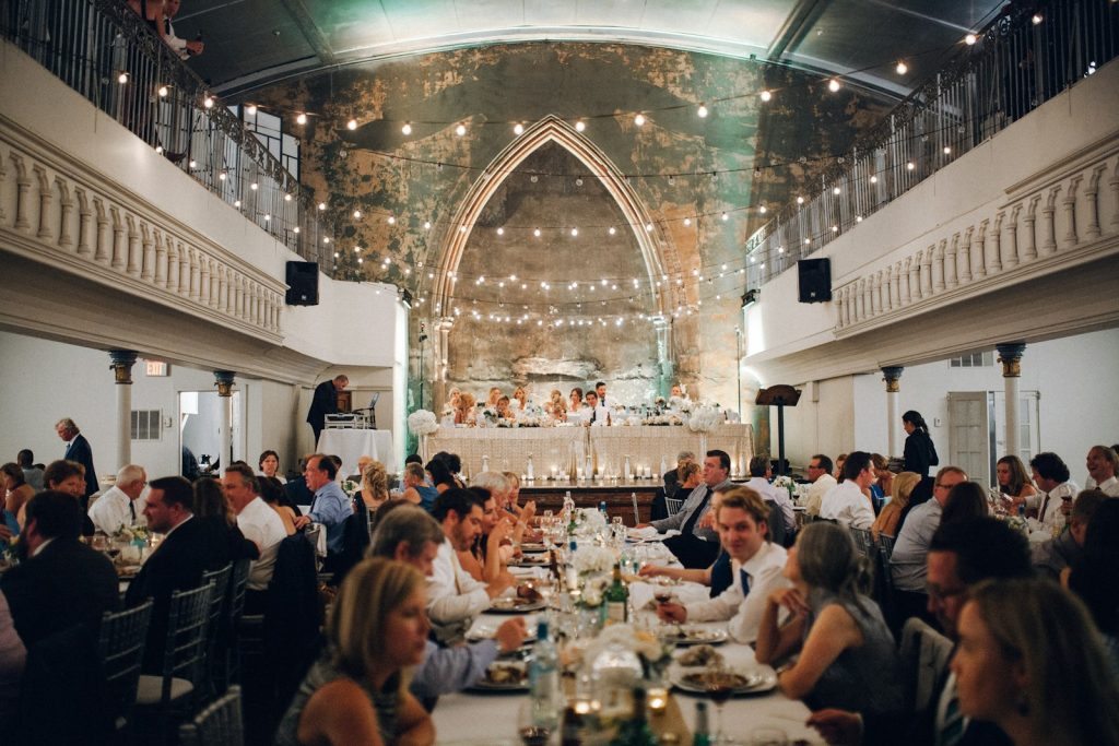 Wedding reception dinner in a historic hall
